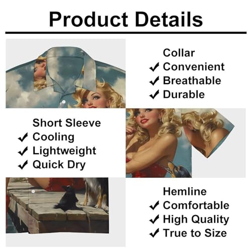 Pinup Girl with Fishing Pole Mens Shirts Short Sleeve Button Down Beach Shirts with Pockets