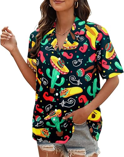 Cinco De Mayo Shirt Women Mexico Mexican Party Hawaiian Shirt Funny Button Down Shirt Short Sleeve Button Up Blouse Tops