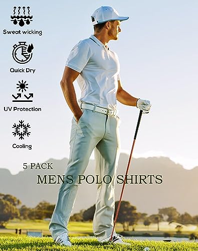 5 Pack Mens Polo Shirt Short Sleeve Tactical Shirts Quick Dry Performance Golf Shirt Pique Jersey Outdoor Shirt