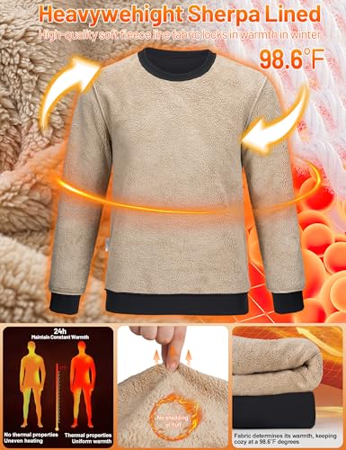 Men's Crewneck Sweatshirt Warm Sherpa Lined Thermal Sweatshirts Heavyweight Long Sleeve Winter Fleece Pullover Shirt