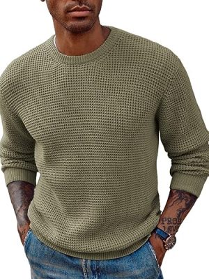 Mens Crewneck Pullover Sweater Waffle Textured Long Sleeve Knitted Sweaters