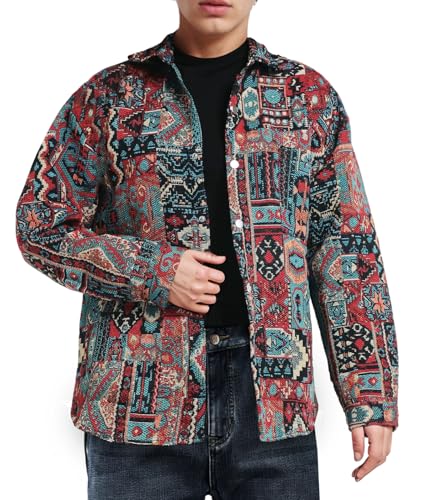 Aztec Shacket Fall Jacket Brocade Jacquard Ethnic Plaid Print Button Down Shirt Casual Spring mid-Weight Coat