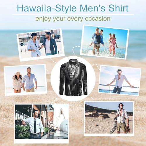 Black and White Animal Lion Men's Dress Shirts Long Sleeve Golf Shirts Casual Button Down T-Shirt for Athletic Business