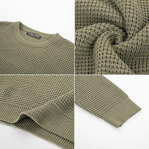 Mens Crewneck Pullover Sweater Waffle Textured Long Sleeve Knitted Sweaters